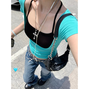 韩系叠穿挂脖两件套吊带背心短袖t恤女夏季y2k千禧辣妹设计感上衣