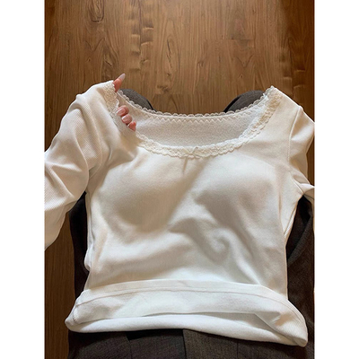 蕾丝内搭磨毛德绒打底衫女带胸垫