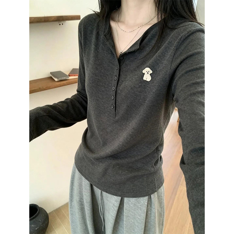 深灰色小熊印花亨利领长袖内搭打底衫女秋冬季t恤设计感韩系上衣