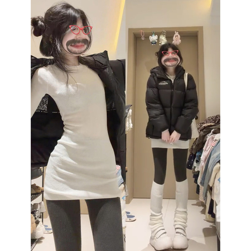 韩系叠穿白色中长款内搭打底衫长袖t恤女春秋冬季修身遮屁股上衣