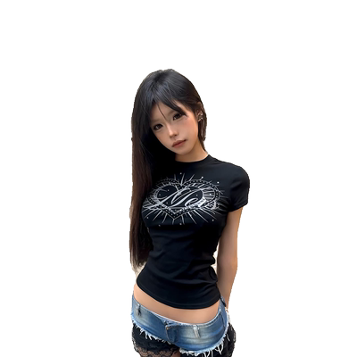 爱心印花短袖t恤女修身短款上衣