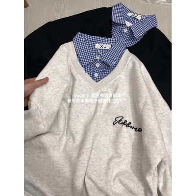 假两件卫衣女秋冬加绒无帽上衣