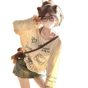 恶搞猫咪卡通印花长袖t恤女夏薄款防晒罩衫慵懒风宽松设计感上衣