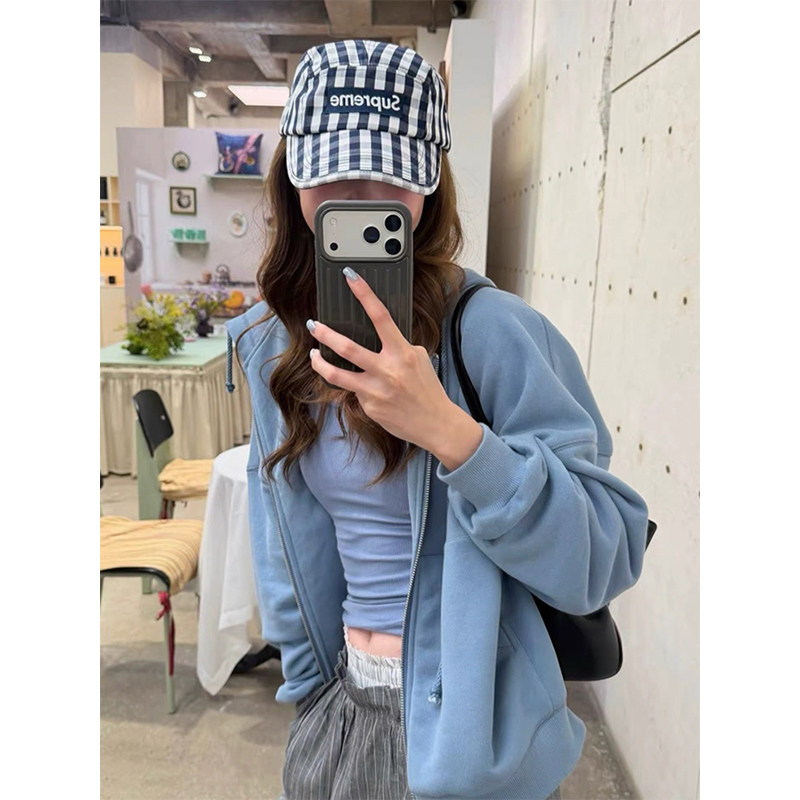 霾雾蓝色连帽短款卫衣外套女春秋季新款开衫拉链运动宽松韩系上衣