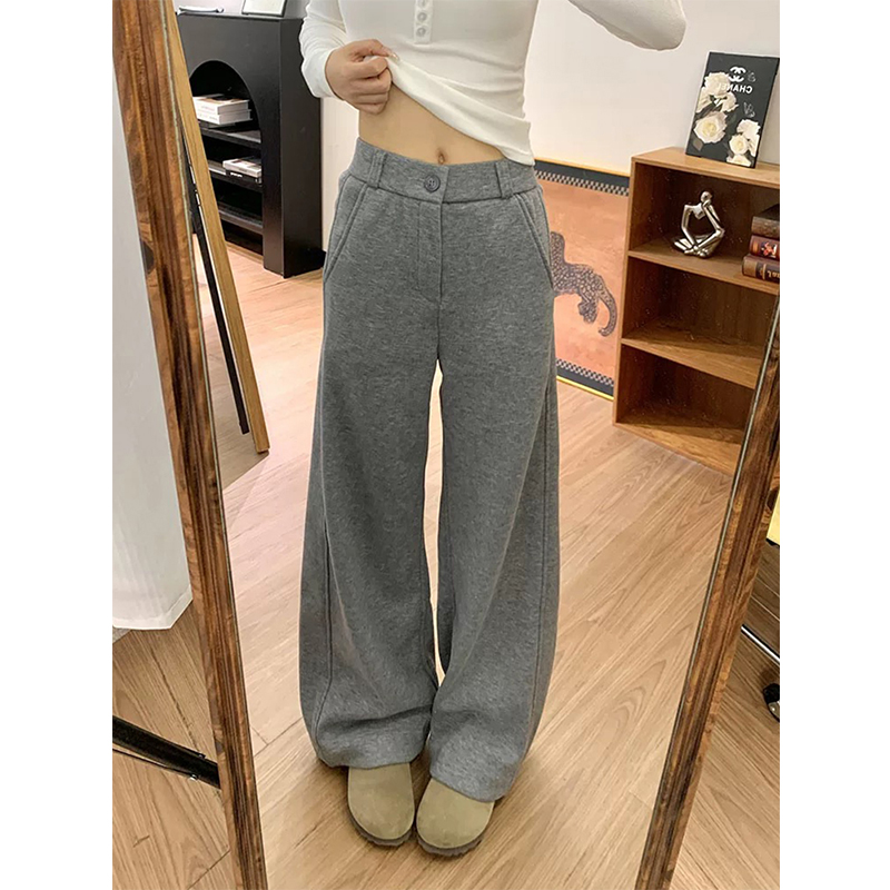 灰色加绒加厚休闲裤子女秋冬运动