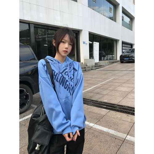 蓝色字母印花连帽卫衣女oversize