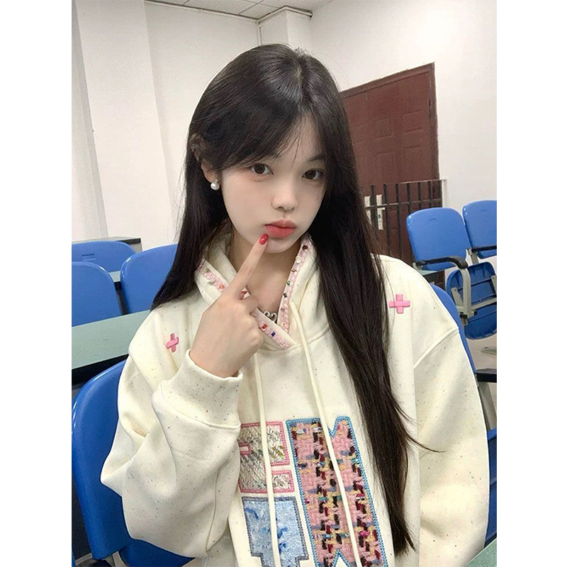 潮牌彩点贴布刺绣加绒连帽卫衣女