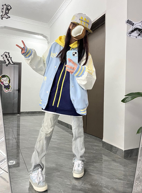 浅色牛仔裤女春秋设计感小众hiphop美式高街bive风直筒宽松阔腿裤