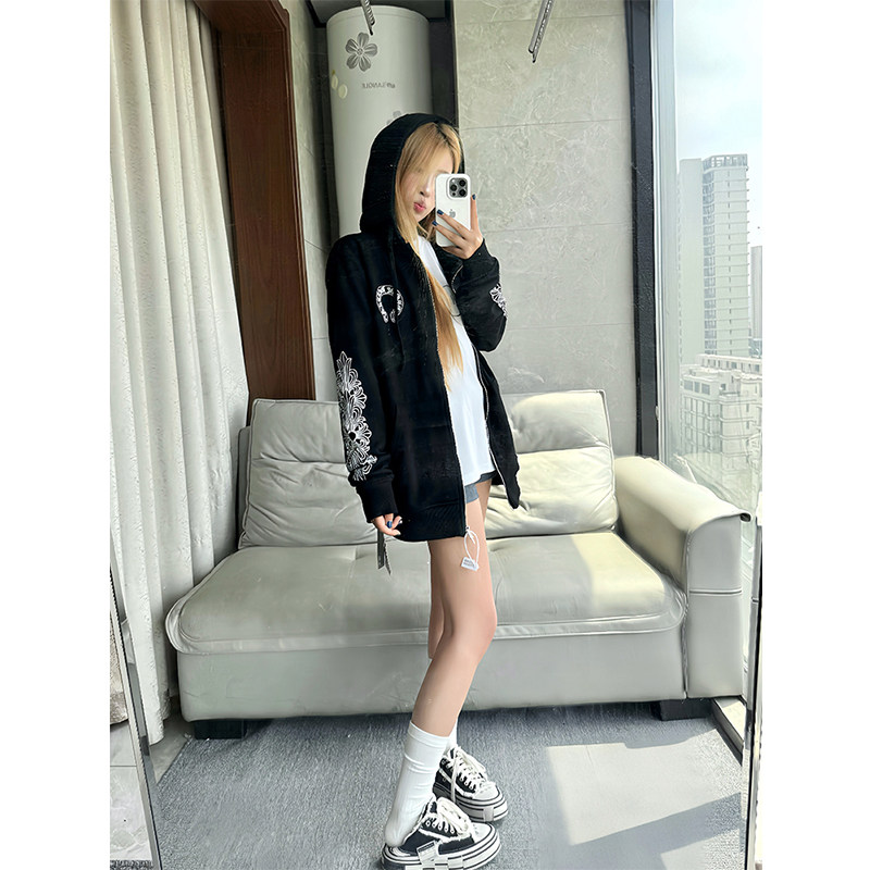 黑色拉链开衫连帽卫衣女秋冬外套图片