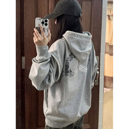 蕾丝波点贴布刺绣加绒连帽卫衣女秋冬2024新款爆款韩系慵懒风外套
