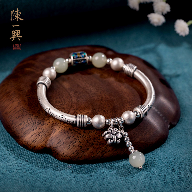 【设计款】和田玉银手链女半镯半链足银手串新中式古法银饰礼物