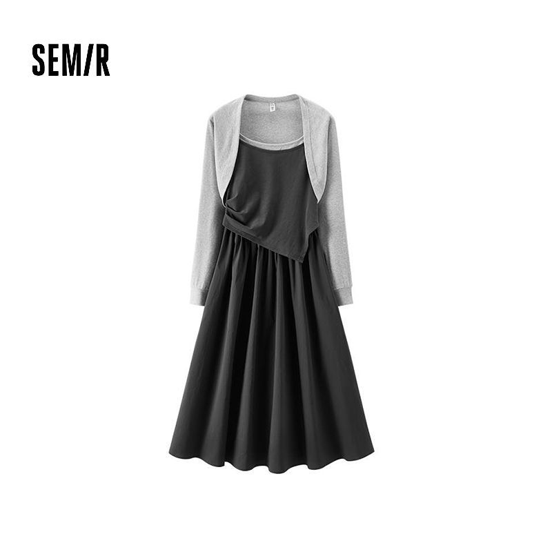 森马2025新款秋季女款披肩撞色针梭拼假两件套裙百搭104525114010