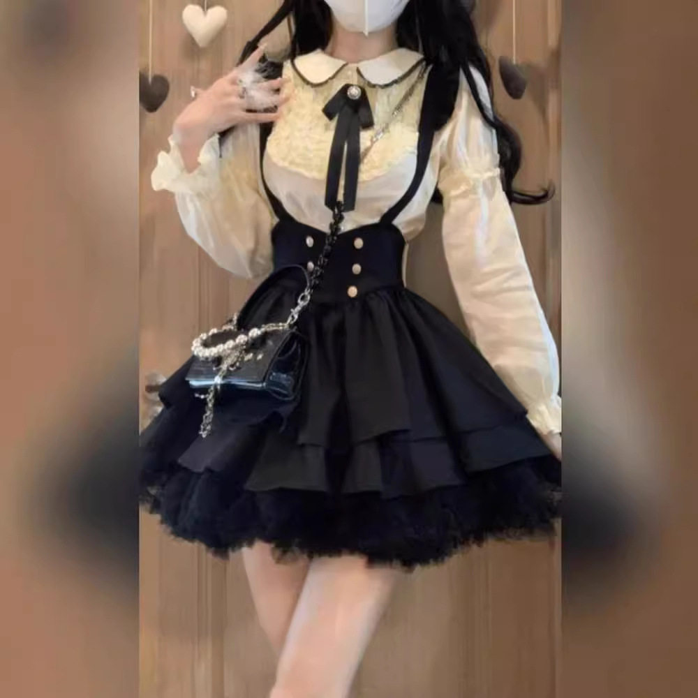 大码学院风收腰背带蝴蝶结背带裙女秋冬纯欲甜美娃娃领衬衫两件套