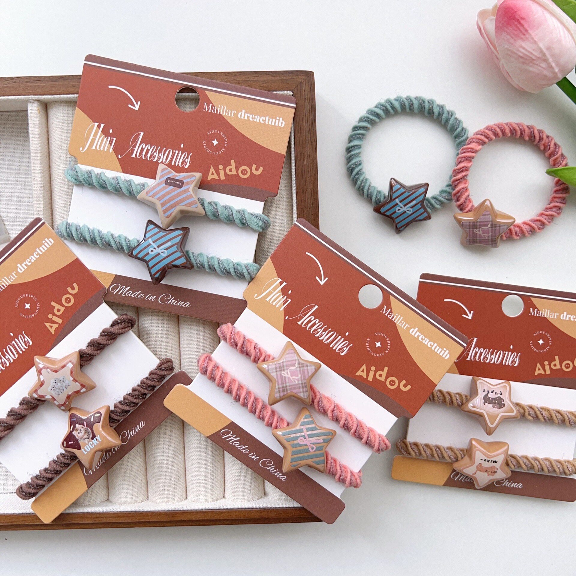 2根装新款蝴蝶结星星发圈头绳基础高弹力扎发皮筋发绳韩版发饰