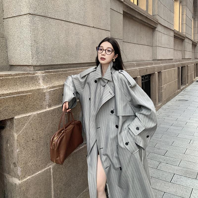法国MK&DK 双排扣条纹风衣外套女春秋新款宽松重工廓形中长款大衣