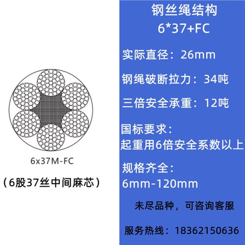 起重钢丝绳6股麻芯12141618m国标黑色涂油吊车行车索道耐磨钢丝绳