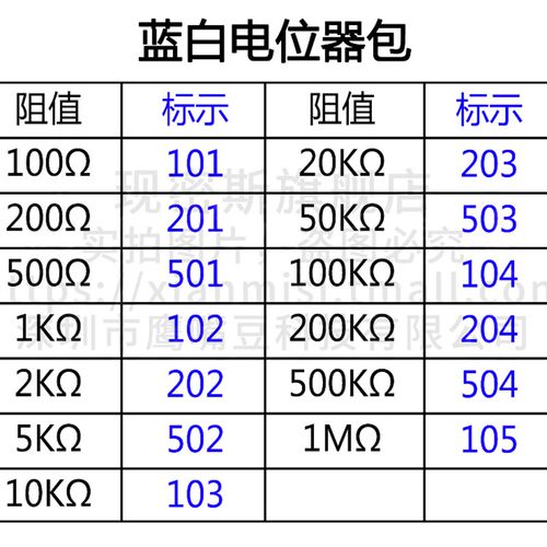 卧式 蓝白可调电阻电位器包 100R-1M 500R 1K 10K 500K 102 103