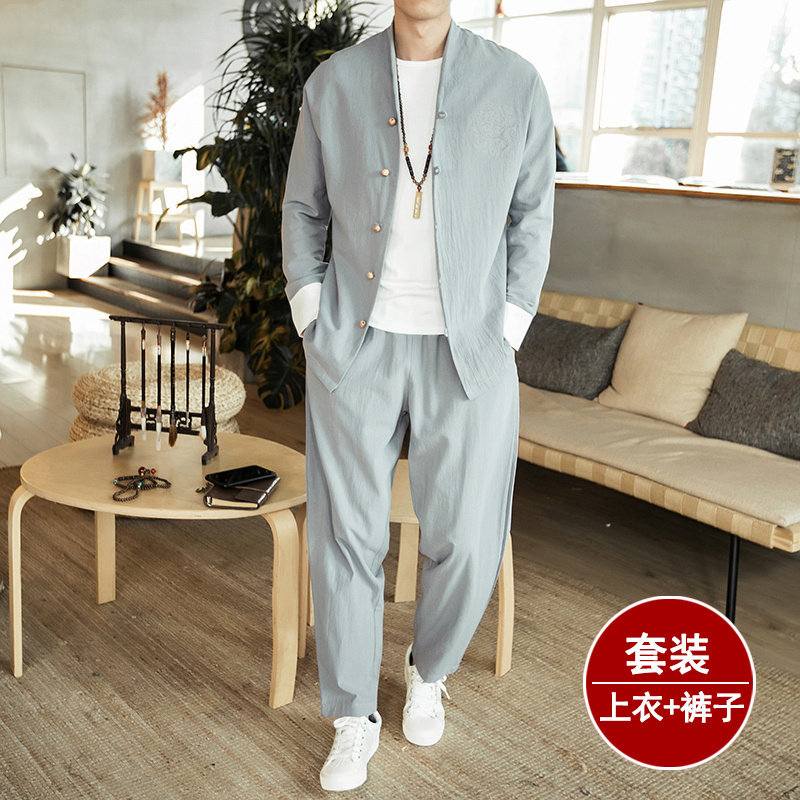 春秋季亚麻休闲套装男中国风唐装男装中式汉服中山装秋天道袍外套