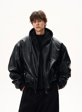 MaxDstr美式重磅bomber假两件拼接连帽加厚pu皮夹克外套男女春秋