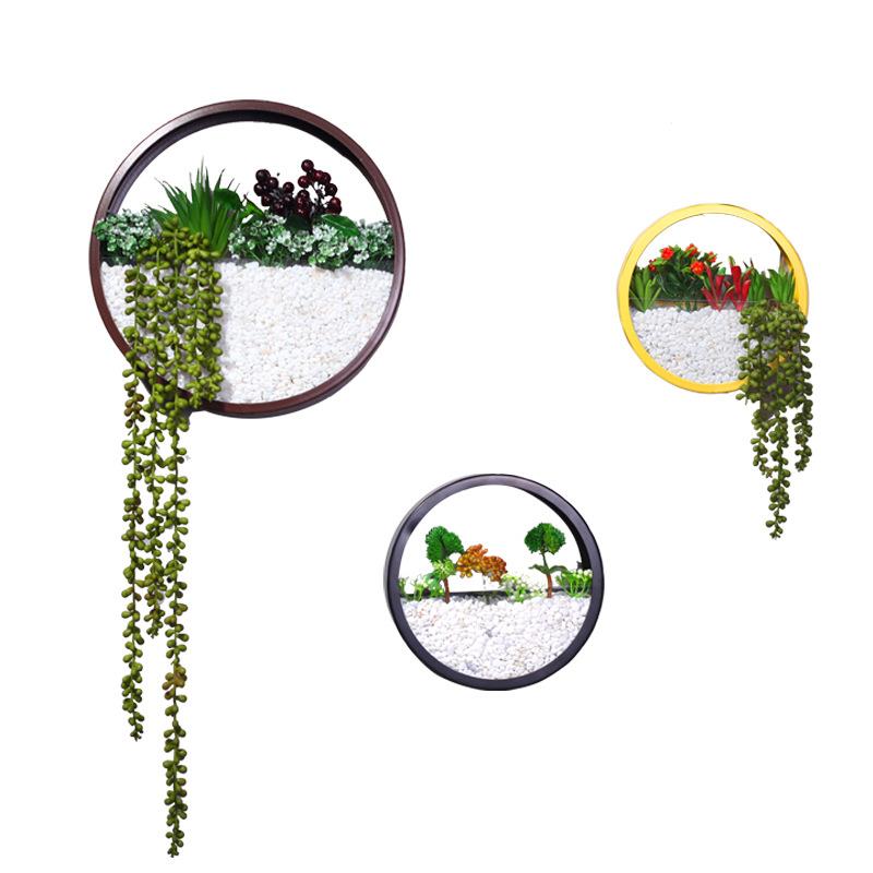 现代圆形铁艺花盆壁挂仿真植物壁饰田园创意墙饰多肉微景观装饰品