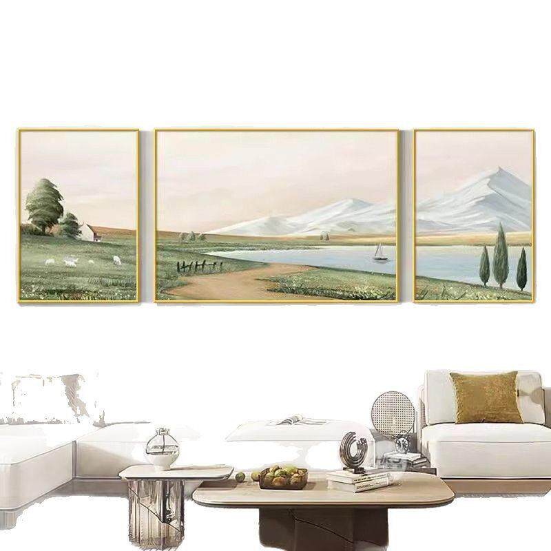北欧风格原木客厅装饰画沙发背景墙挂画现简约三联壁画油画