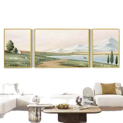 北欧风格原木客厅装饰画沙发背景墙挂画现简约三联壁画油画