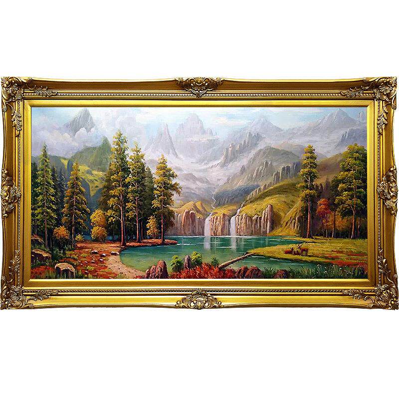 纯手绘油画山水风景画客厅大尺寸装饰画玄关酒店样板房裱框