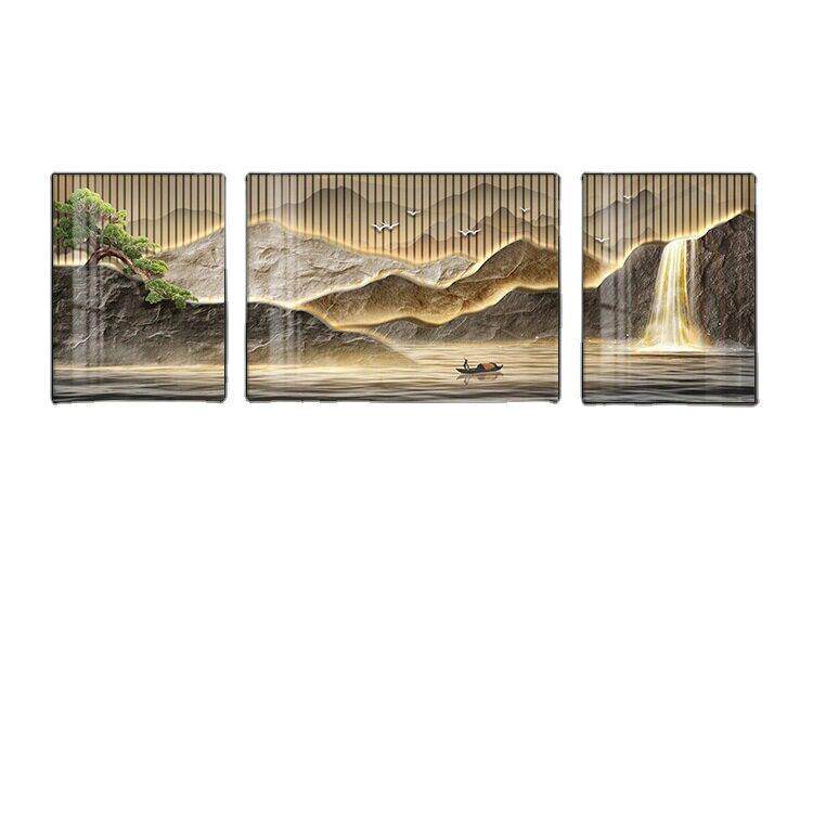 流水生财山水画客厅挂画新中式沙发背景墙装饰画大气档三联壁画