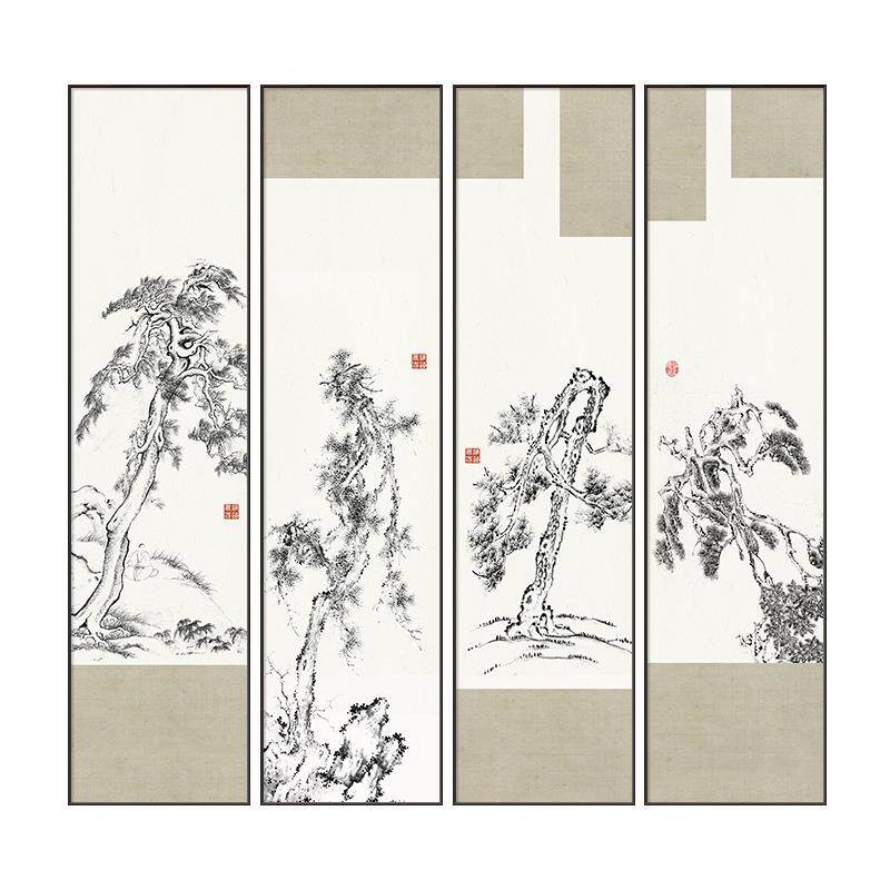 中式禅意玄关松柏四联画壁画书房茶室竖版走廊过道挂画客厅装饰画