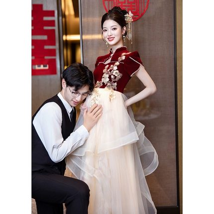 红色敬酒服新娘结婚孕妇回门便装高级感订婚礼服裙婚纱大码胖mm