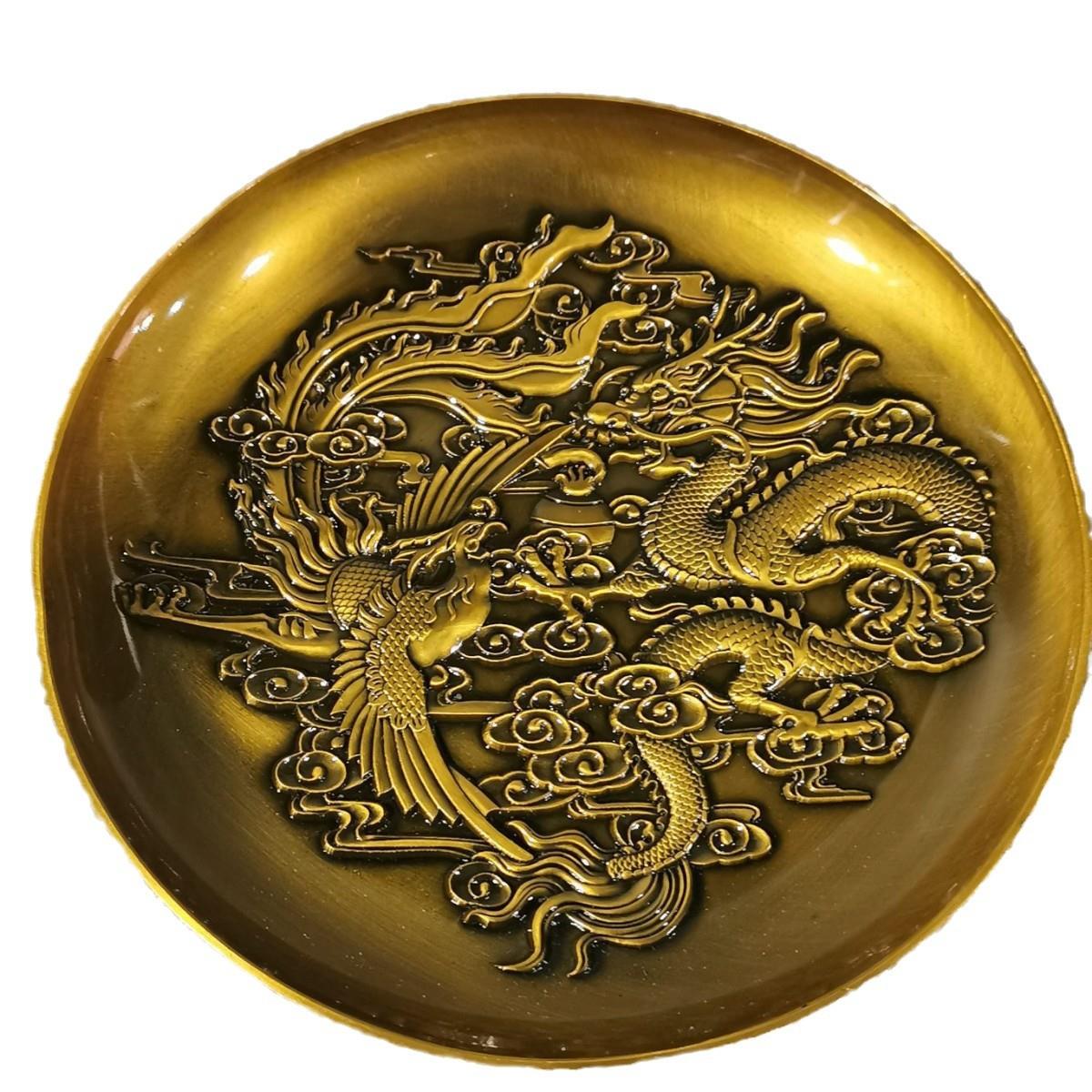 仿古古玩收藏浮雕黄铜龙凤呈祥盘子金盘家居摆盘装饰品