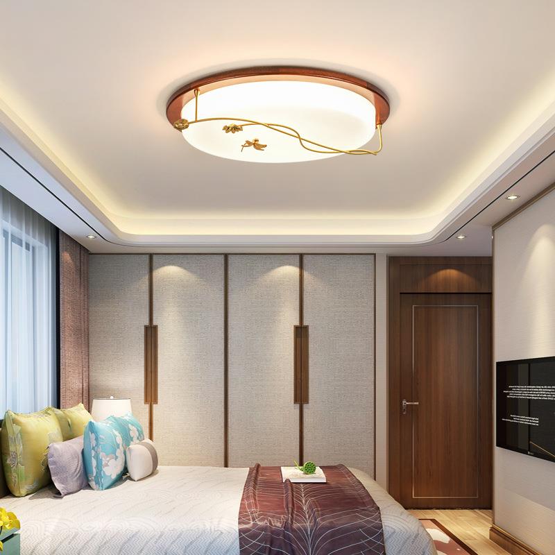 新中式客厅吸顶灯简约中国风卧室圆形方形木艺餐厅书房全铜灯具