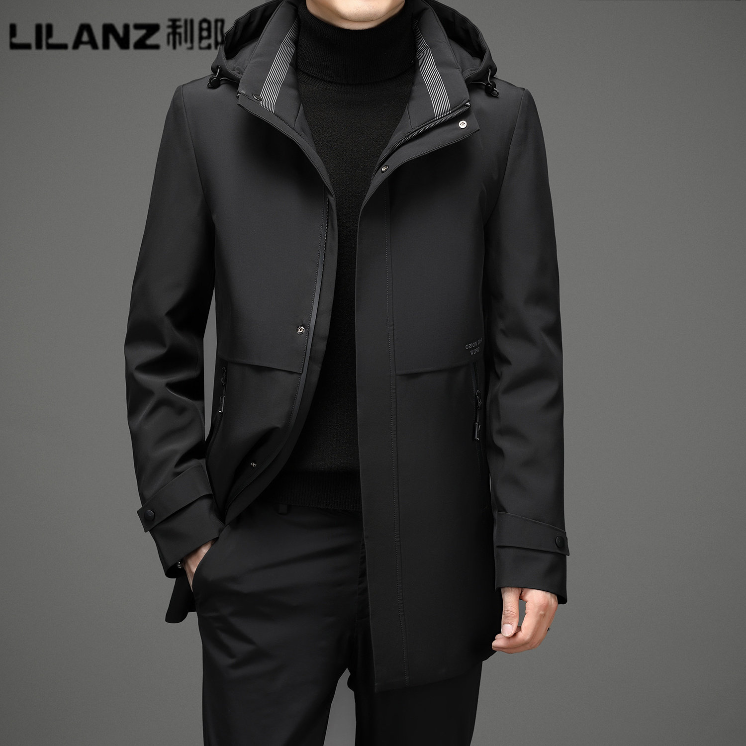 利郎男装中长款羽绒服男士秋冬新款连帽可拆卸内胆休闲爸爸装外套