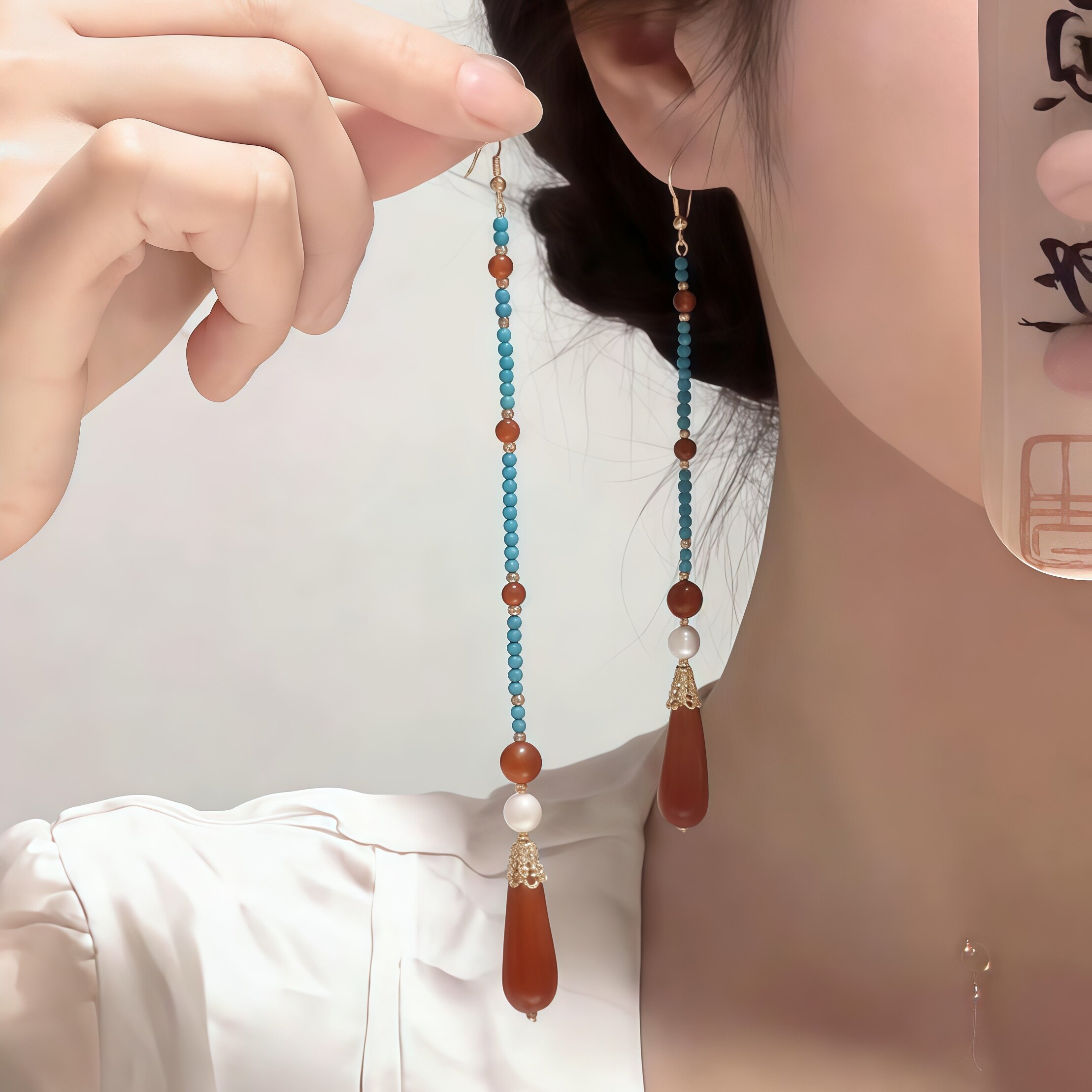 拾光扶棠｜珍珠红玛瑙绿松石耳环