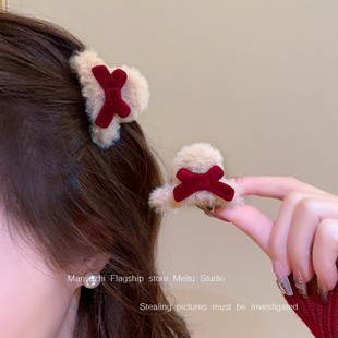 可爱公主头蝴蝶结发夹女侧边秋冬毛绒小抓夹ins红色刘海夹子头饰