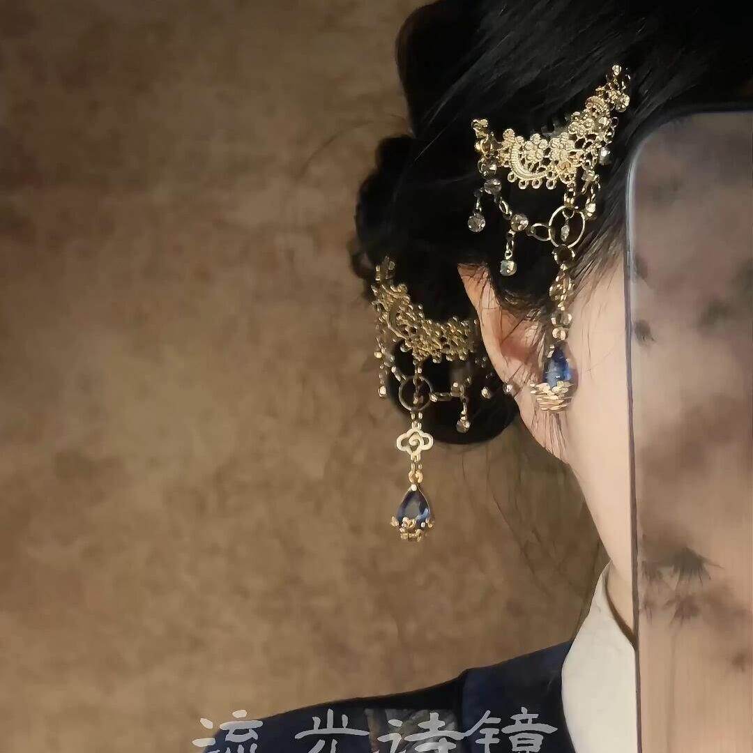 镂月裁星｜新中式宝石流苏掩鬓发梳复古金属镂空花汉服盘发簪子女