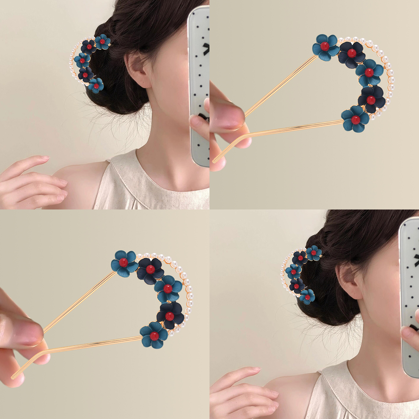 琼花照影！仿烧蓝珍珠碎花发钗