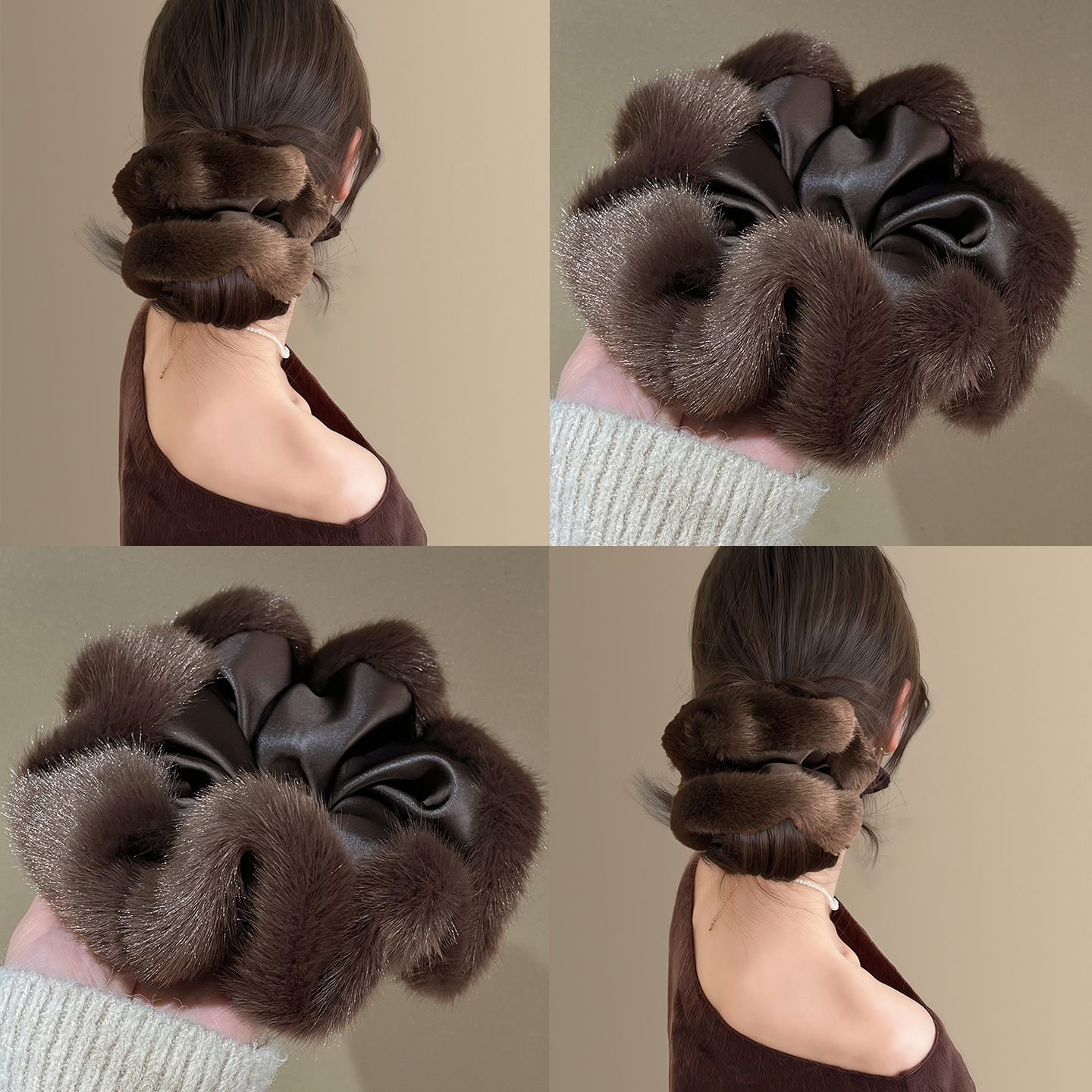 摩卡暖冬~法式毛绒缎面大肠发圈