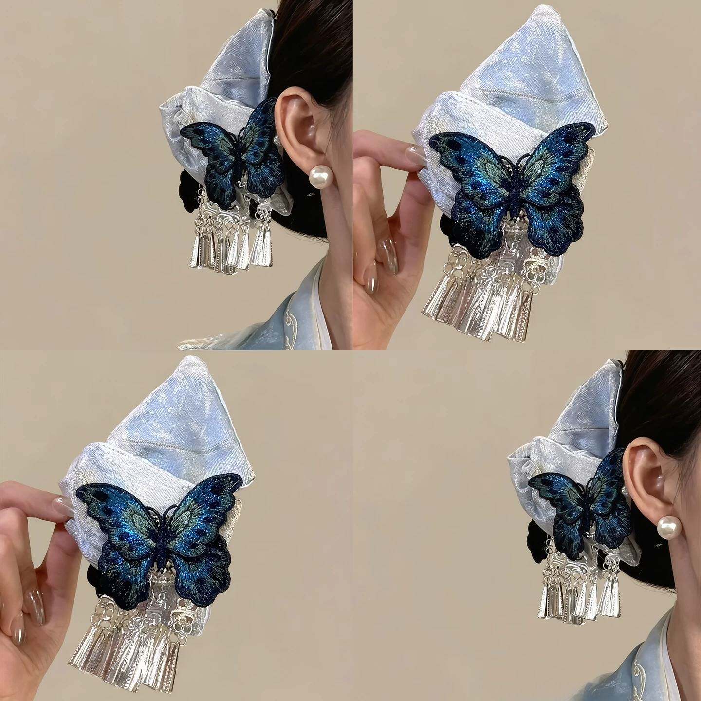 「青衫栖蝶」蓝刺绣蝴蝶流苏抓夹