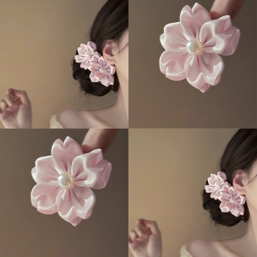 浮樱梦！粉色缎面花朵珍珠发夹
