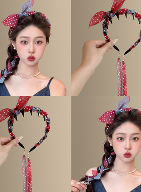 安仔兔系~韩系兔耳朵波点飘带发箍甜美高颅顶可拆发箍头箍盘发器