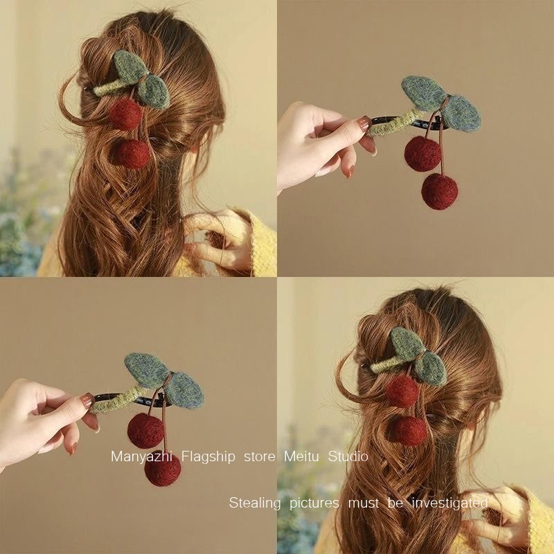 头饰旅行发卡毛毡车厘子毛球发夹