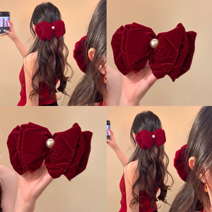哦莫～氛围感红色蝴蝶结发夹2025新年节日珍珠弹簧夹半扎发头饰女