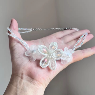 「拾春花记」法式白色花朵水晶串珠项链复古小众设计感绝美锁骨链