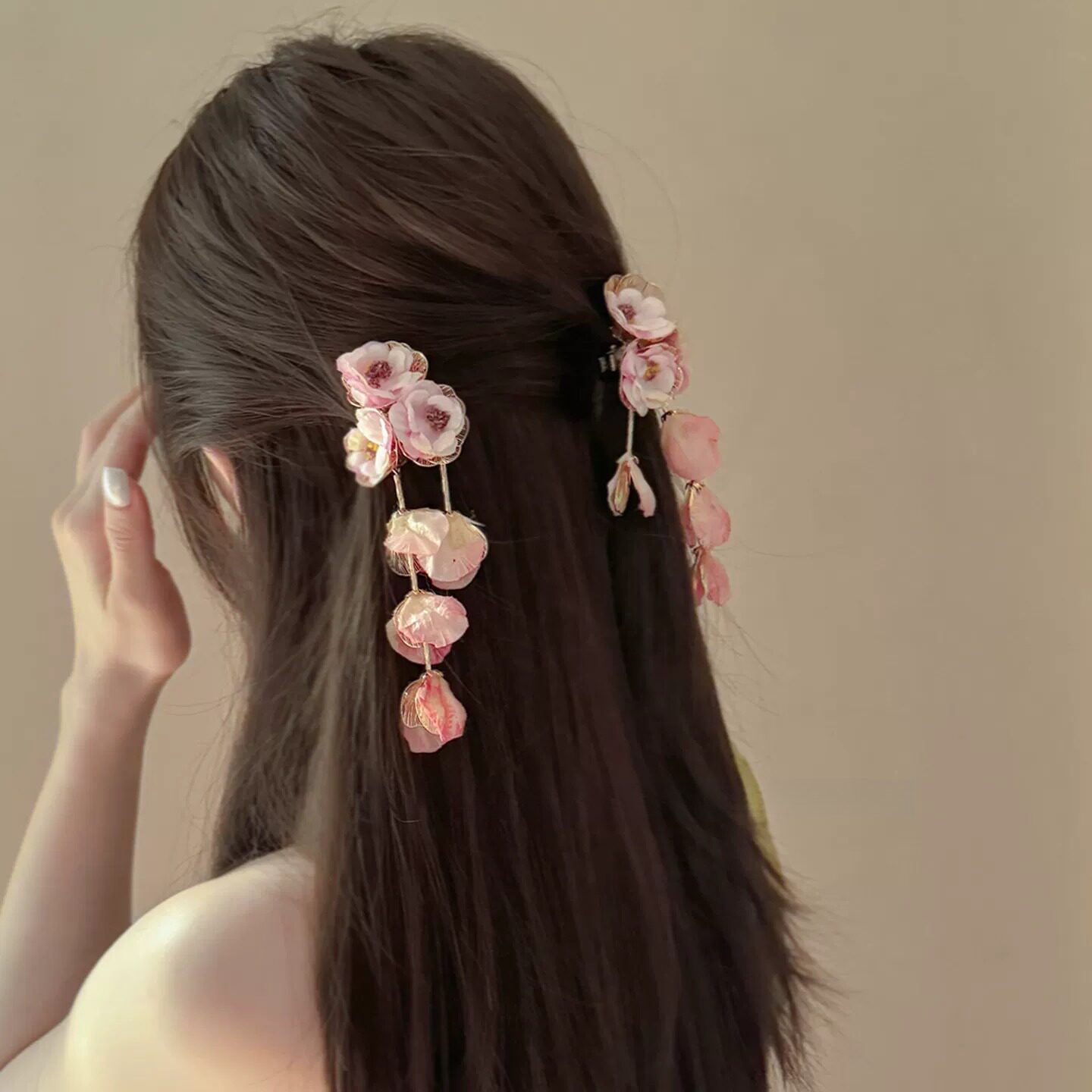 「折枝浮花为芳心」粉色花瓣发夹