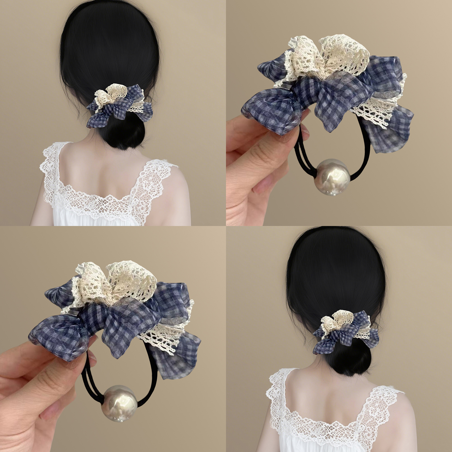 纱堡少女！韩系学院格子蕾丝发绳