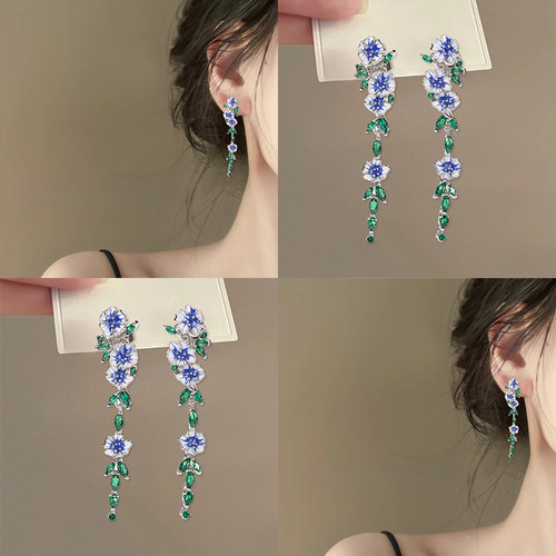 莫奈花园~油画蓝色花朵流苏耳钉