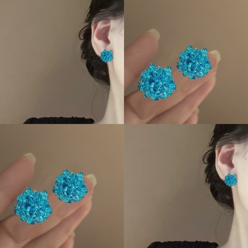 破碎冰蓝!蓝色绣球串珠耳钉!女重工显白度假风耳夹法式复古发饰