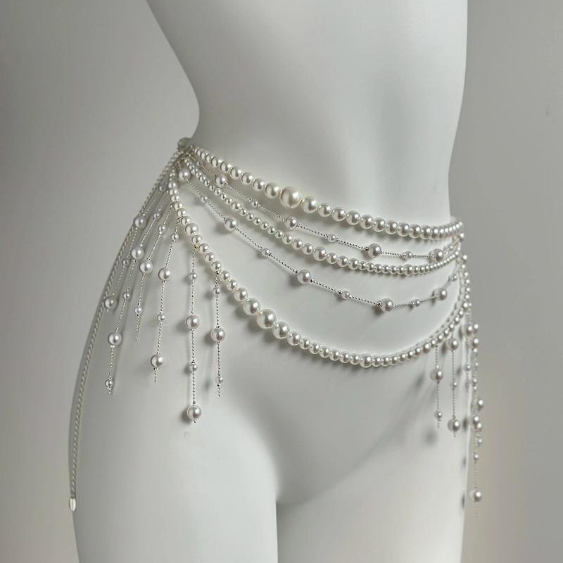 多層珍珠串珠流蘇身體鏈腰鏈