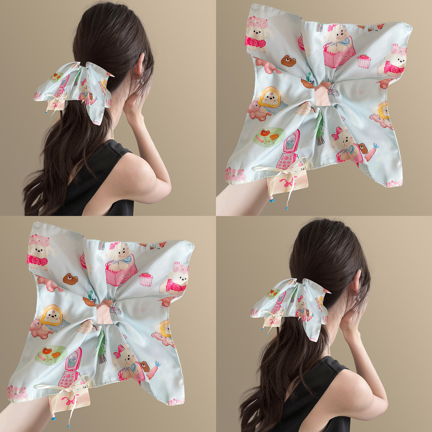 奇妙小熊！粉色蝴蝶結格子方巾